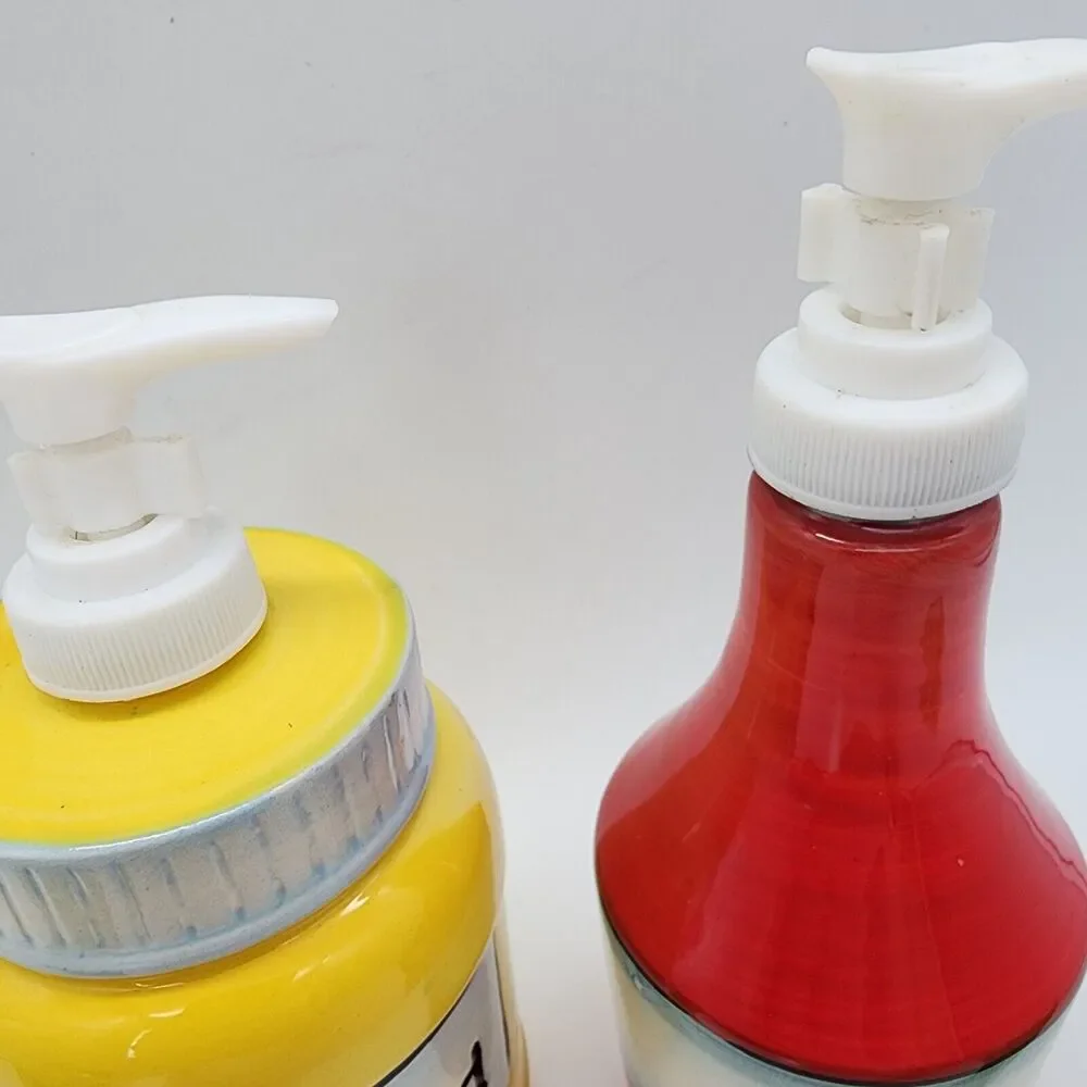 Pier 1 Imports Ceramic Ketchup Mustard Dispensers Salt Pepper Shakers Picnic Set